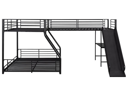 L-Shaped Twin Over Full Bunk Bed With Twin Loft, Built In Desk And Slide - Black