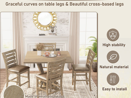 5 Pieces Set Counter Table Set Square Counter Table Solid Wood Modern Farmhouse Rustic Look Distressed Look - Grayish Brown