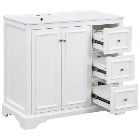 Bathroom Vanity With Sink, Soft-Close Doors, Adjustable U-Shelf, 3 Drawers