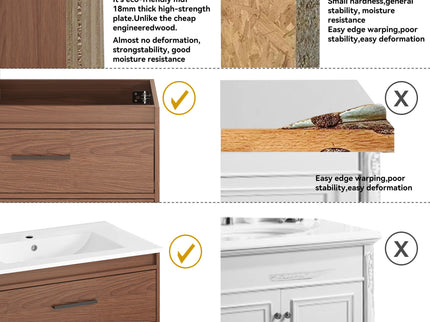 Wall Mounting Bathroom Vanity With Soft Close 2 Drawer, Sink - Reddish Brown