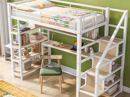Twin Size Loft Bed With Built In Desk, Staircase Storage & 4 Tier Shelves - White