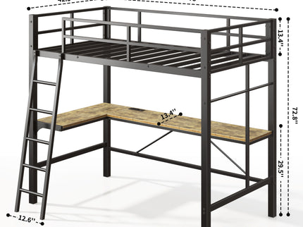 Twin Metal Loft Bed With L - Shaped Desk, Charging Station Loft Bed Frame Twin Size, Safety Guard & Ladder, No Box Spring Needed - Black