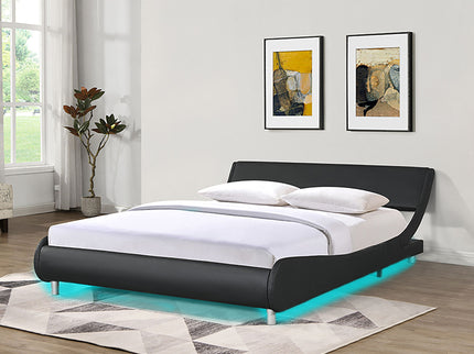 Queen Size Upholstered Platform Bed Frame With LED Lighting, Curve Design, Slat Support, No Box Spring Needed - Black