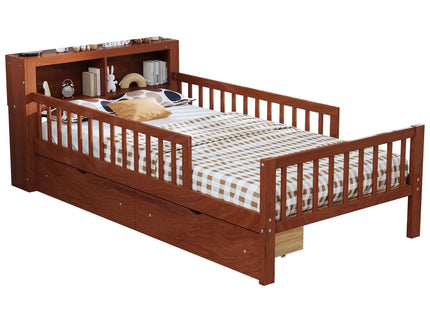 Bed With Headboard Storage Rack, 2 Under Bed Drawers, 3 Side Guardrails For Safety