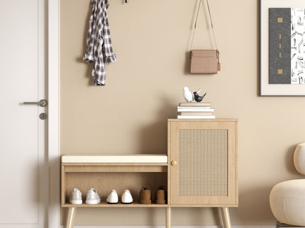 2 In 1 Shoe Storage Bench With Adjustable Shelves - Antique Natural / Rattan