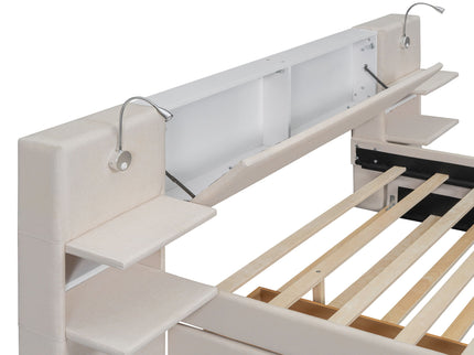 Upholstered Platform Bed With Reading Lights, Drawers, Trundle And Shelves