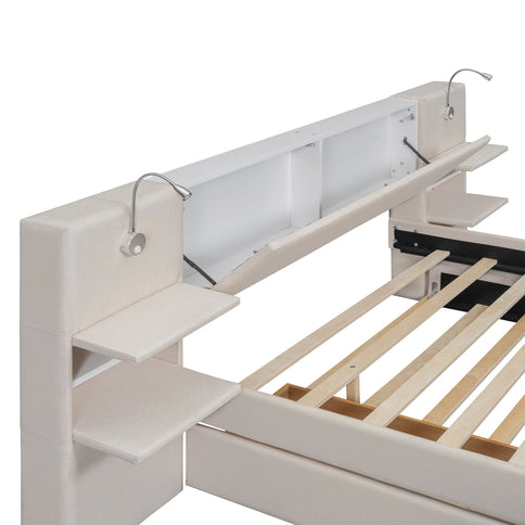 Upholstered Platform Bed With Reading Lights, Drawers, Trundle And Shelves