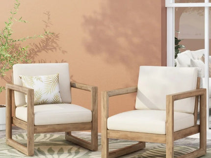 Outdoor Acacia Wood Patio Club Chair, Wood Patio Furniture, Waterproof Thick Cushion Deep Seating For Porch - Brown Wash / Beige