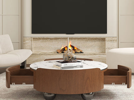 Round Coffee Table With Ball Feet, Dual Storage Drawers For Living Room - Walnut Brown