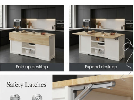 Drop Leaf Kitchen Island With Storage, Power Outlet & Pet Bowl Drawer - White / Light Oak