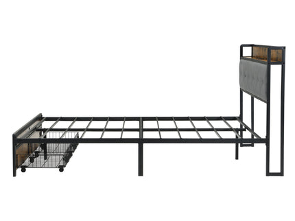 Modern Bed Frame With LED Lights, Upholstered Headboard, USB Charging
