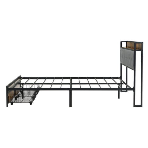 Modern Bed Frame With LED Lights, Upholstered Headboard, USB Charging