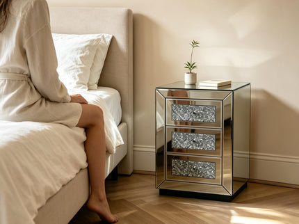 3 Drawer Nightstand With Glass Accents, Bedside Table For Bedroom - Silver