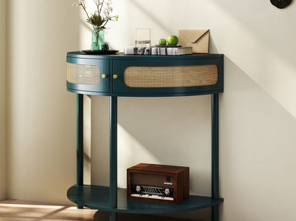 Boho Rattan Semi Circle End Table With Sliding Rattan Door, Storage And Bottom Shelf
