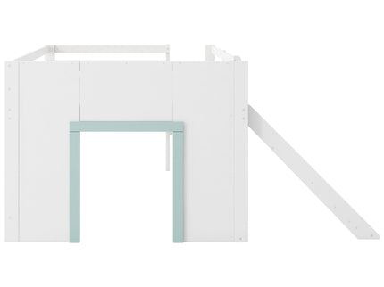 Modern Low Loft Bed With Slide, 3 Storage Drawers, And 2 Doors