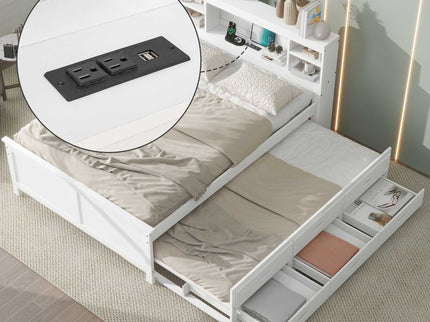 Platform Bed With Storage Headboard, USB, Trundle And 3 Drawers