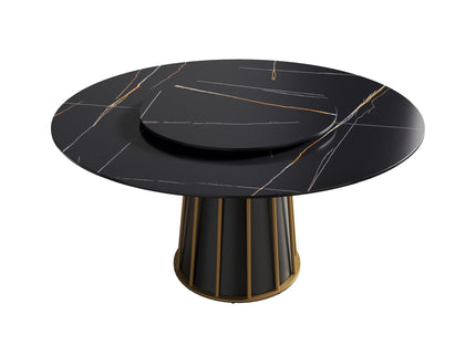 Modern Artificial Stone Round Metal Iron Base Dining Table, Can Accommodate 8 People Artificial Stone Turntable (Not Including Chairs) - Black