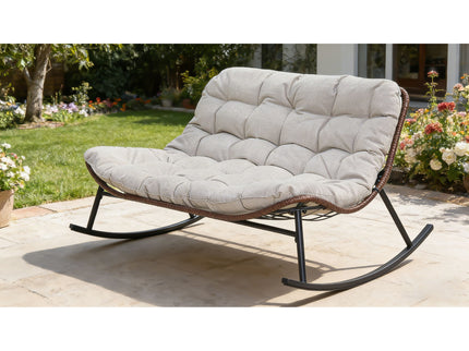 Double Wide Rocking Papasan Chair, 2 Person Outdoor Lounge Seating - Acacia Wood / Beige
