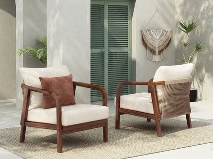 Outdoor Lounge Chair With Woven Backrest, Solid Wood Frame, Comfortable Cushions