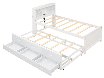 Platform Bed With Storage Headboard, USB, Trundle And 3 Drawers