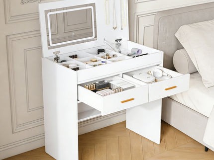 Flip Top Vanity Desk With LED Mirror & Outlet Makeup Table With 2 Drawers, Open Storage, And Jewelry Hooks - White