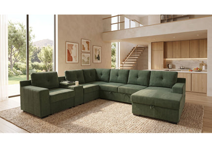 U - Shape Sectional Pull Out Bed With Console, Storage, And USB Charging