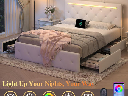 Upholstered Bed Frame With LED Lights, 4 Storage Drawers, Charging Station