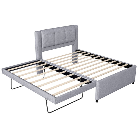 Upholstery Platform Bed With Trundle, Trundle Can Be Flat Or Erected