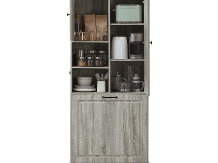 Modern Tall Storage Cabinet With Adjustable Shelves, Flip-Out Basket & Enclosed Doors