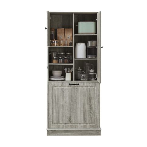 Modern Tall Storage Cabinet With Adjustable Shelves, Flip-Out Basket & Enclosed Doors