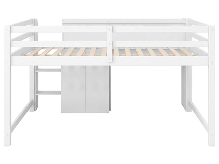 Low Loft Bed With Built In Desk, Storage Cabinets, Open Bookcase And Doodle board