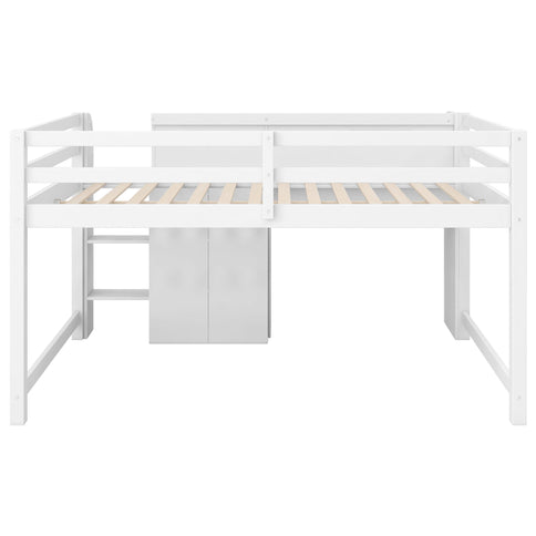 Low Loft Bed With Built In Desk, Storage Cabinets, Open Bookcase And Doodle board