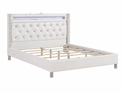 Modern Bed With LED Lights, Charging Port, Tufted Headboard