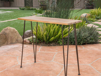 Outdoor Bar Table With Wood Tabletop And Iron Hairpin Legs - Black / Teak