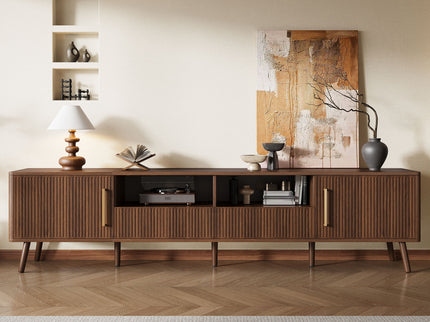 78" TV Stand For 85" TVs With Fluted Doors, Open Shelf, Cable Management - Walnut