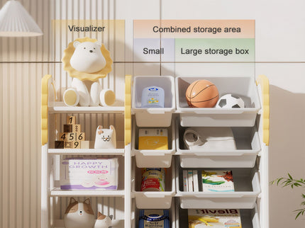 Kids Bookshelf And Toy Storage, 4 Tier Toy Organizers With 8 Removable Storage Bins, Kids Toy Storage Organizer For Study Room - Gray / White / Yellow