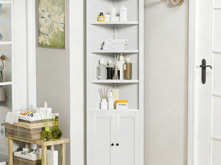 Tall Corner Storage Cabinet With 2 Doors, 5-Tier With Adjustable Shelves, Freestanding - White