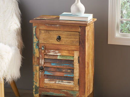 Recycled Wood Side Table With Drawer And Door - Natural