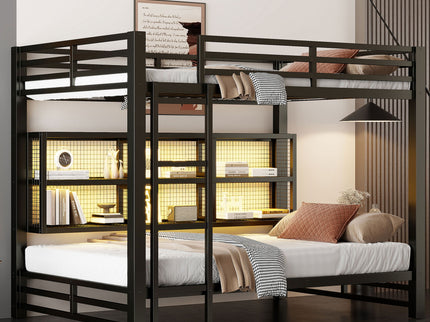 Queen Over Queen Bunk Bed With Storage Cabinets And LED Sturdy Frame, 6 Storage Units, Adjustable LED Lights - Black