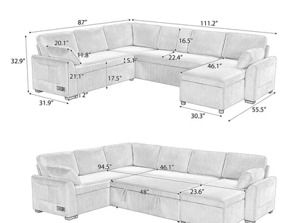 Convertible U-Shaped Sectional Sofa Bed With Reversible Chaise