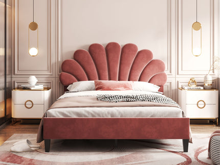 Upholstered Platform Bed With Flower Pattern Headboard