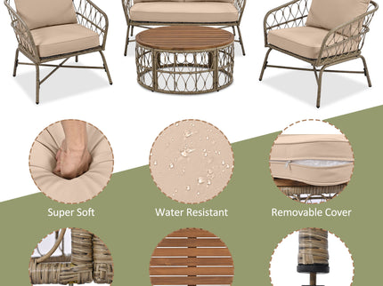 Bohemia-Inspired 4 Person Outdoor Seating Group With Removable Cushions, Conversation Patio Set With Wood Tabletop - Beige
