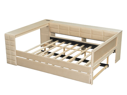 Upholstered Platform Bed With Storage Shelves, Desk, Charging Station And Trundle