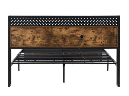 Modern Metal Platform Bed Frame With Wooden Headboard, USB Charging Station, Storage Drawers