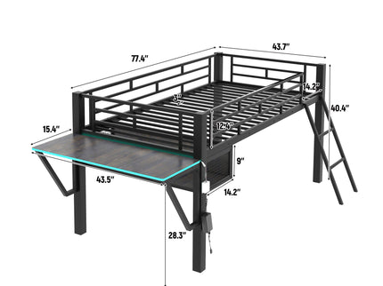 Modern Gaming Mid Loft Bed With Desk And LED Lights