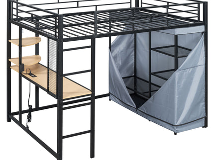 Loft Bed With Desk, Shelves, Power Outlet, LED Light And Wardrobe