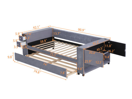 Upholstered Bed With Storage And Twin Trundle, USB Charging Ports