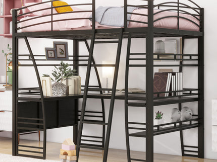 Loft Bed With 4 Layers Of Shelves And L-Shaped Desk, Stylish Metal Frame Bed With A Set Of Sockets, USB Ports And And Wireless Charging