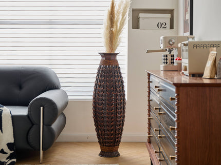 Hand Woven Bamboo Floor Vase, Decorative Accent For Living Room - Acacia Wood