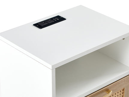 15.75" Rattan End Table With Power Outlet & USB Ports, Modern Nightstand With Drawer And Solid Wood Legs, Side Table For Living Room, Bedroom